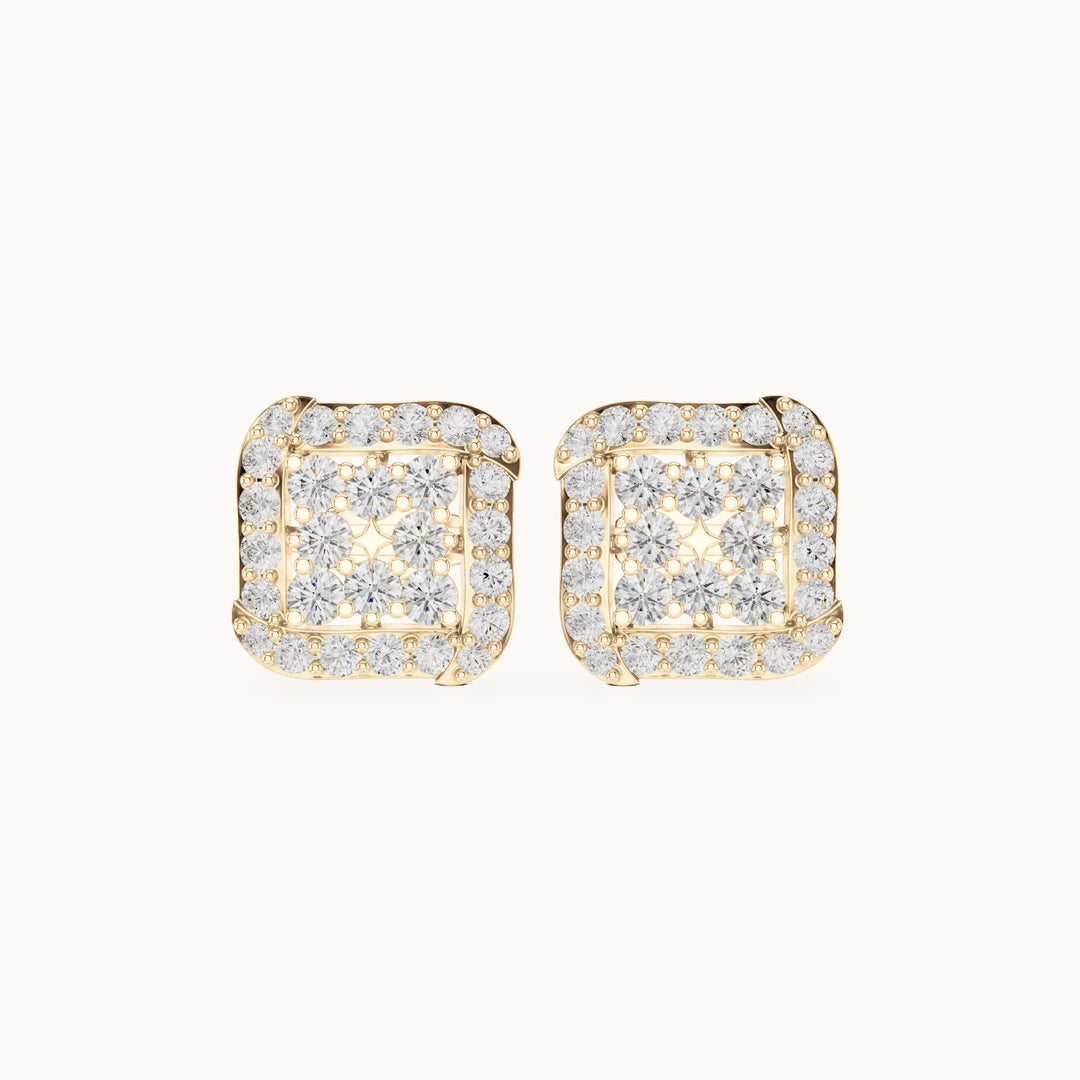 Round lab-grown diamond square cluster halo stud earrings in yellow gold, 1.29 CT TW, view 4