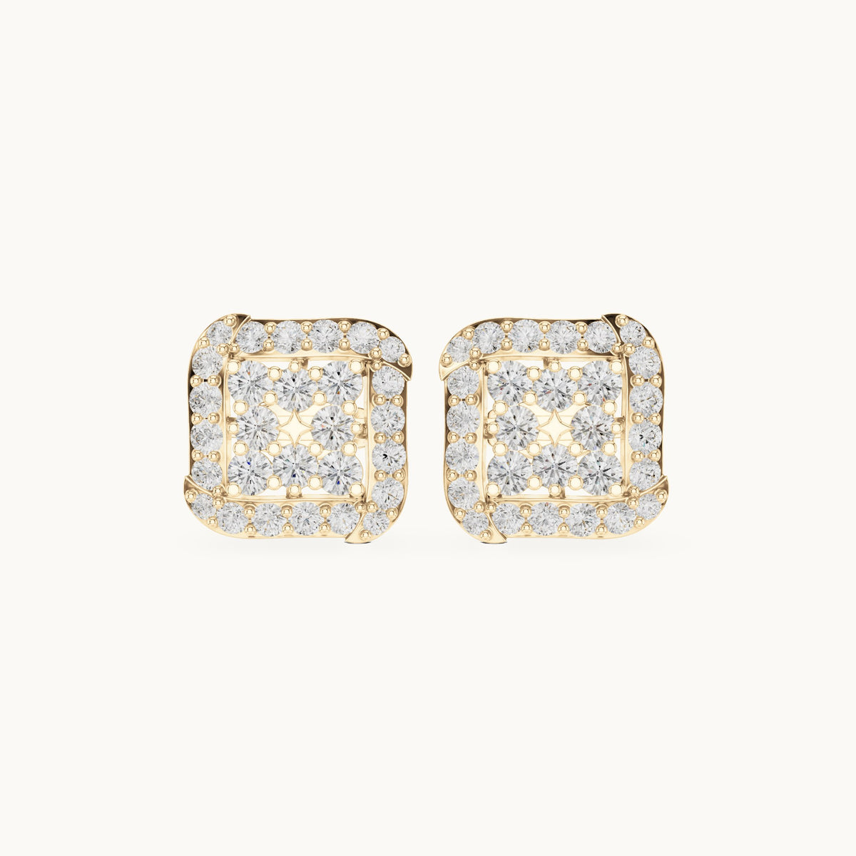 Round lab-grown diamond square cluster halo stud earrings in yellow gold, 1.29 CT TW, view 4