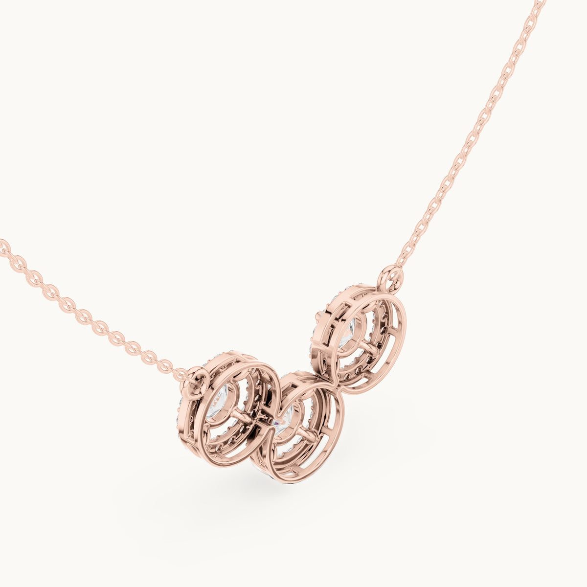 Round lab-grown diamond three-stone halo mangalsutra pendant in rose gold, 2.26 CT TW, view 2