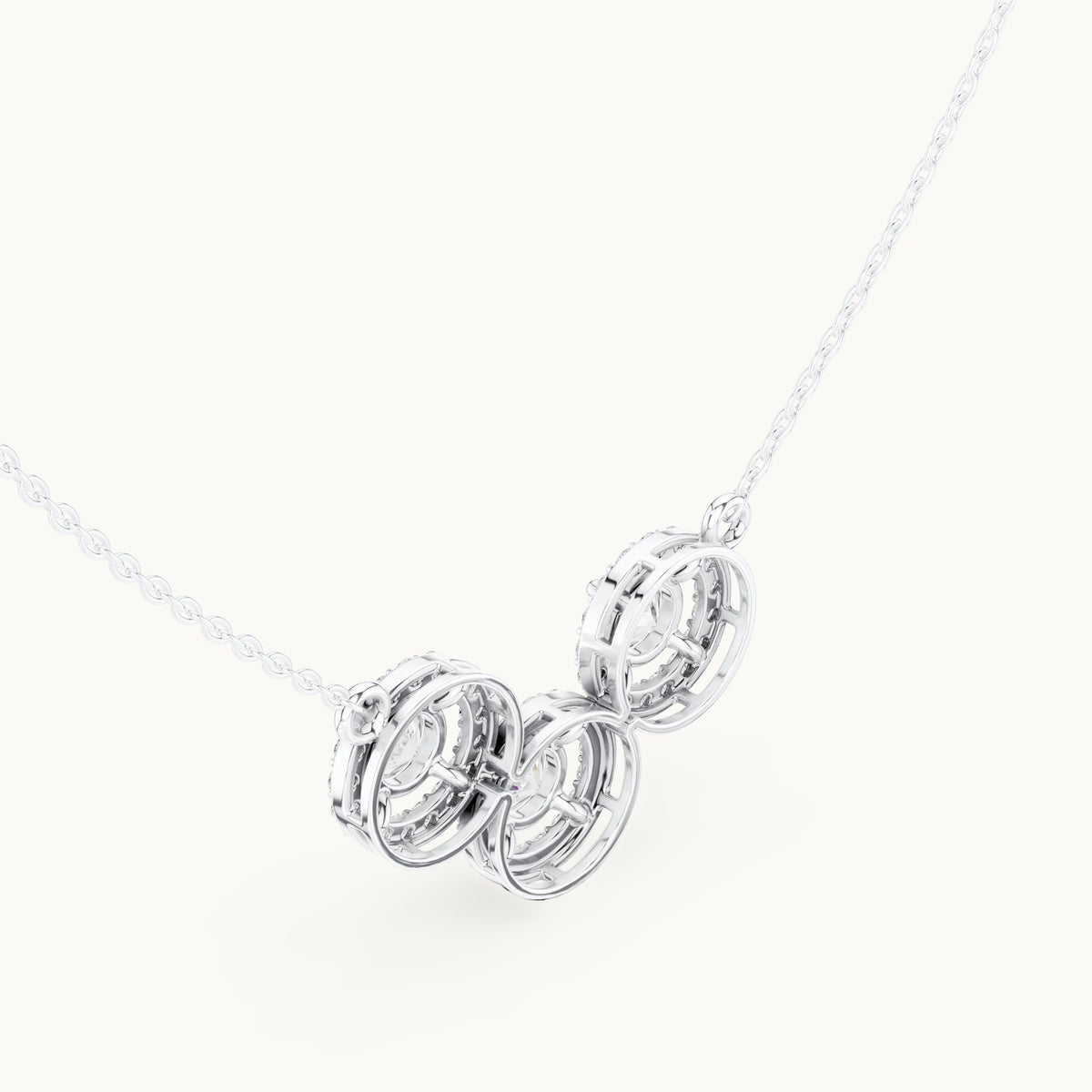 Round lab-grown diamond three-stone halo mangalsutra pendant in white gold, 2.26 CT TW, view 2