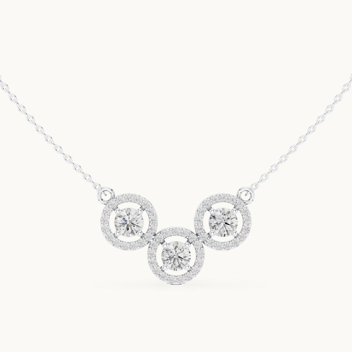 Round lab-grown diamond three-stone halo mangalsutra pendant in white gold, 2.26 CT TW, view 4