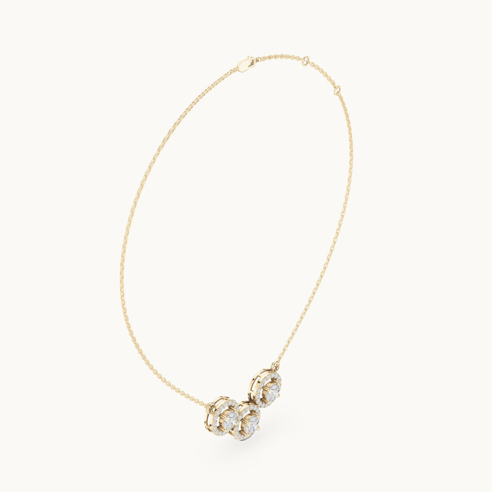 Round lab-grown diamond three-stone halo mangalsutra pendant in yellow gold, 2.26 CT TW, view 1