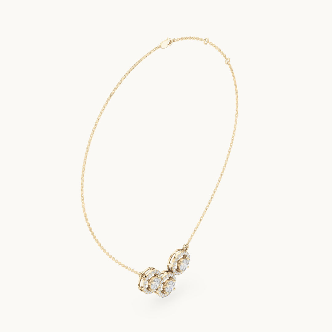 Round lab-grown diamond three-stone halo mangalsutra pendant in yellow gold, 2.26 CT TW, view 1