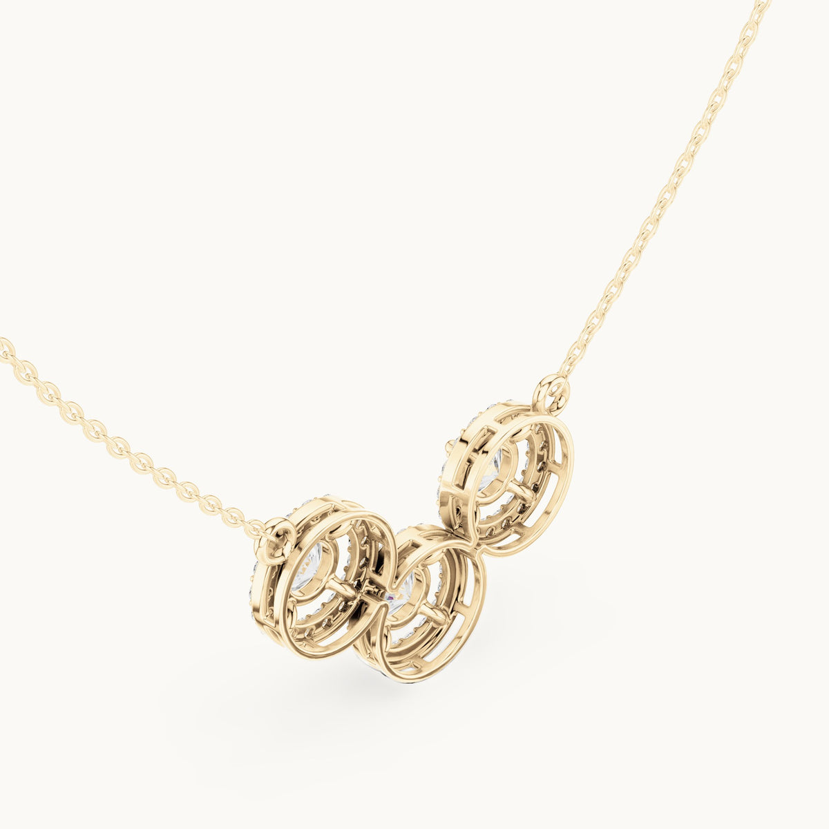 Round lab-grown diamond three-stone halo mangalsutra pendant in yellow gold, 2.26 CT TW, view 2