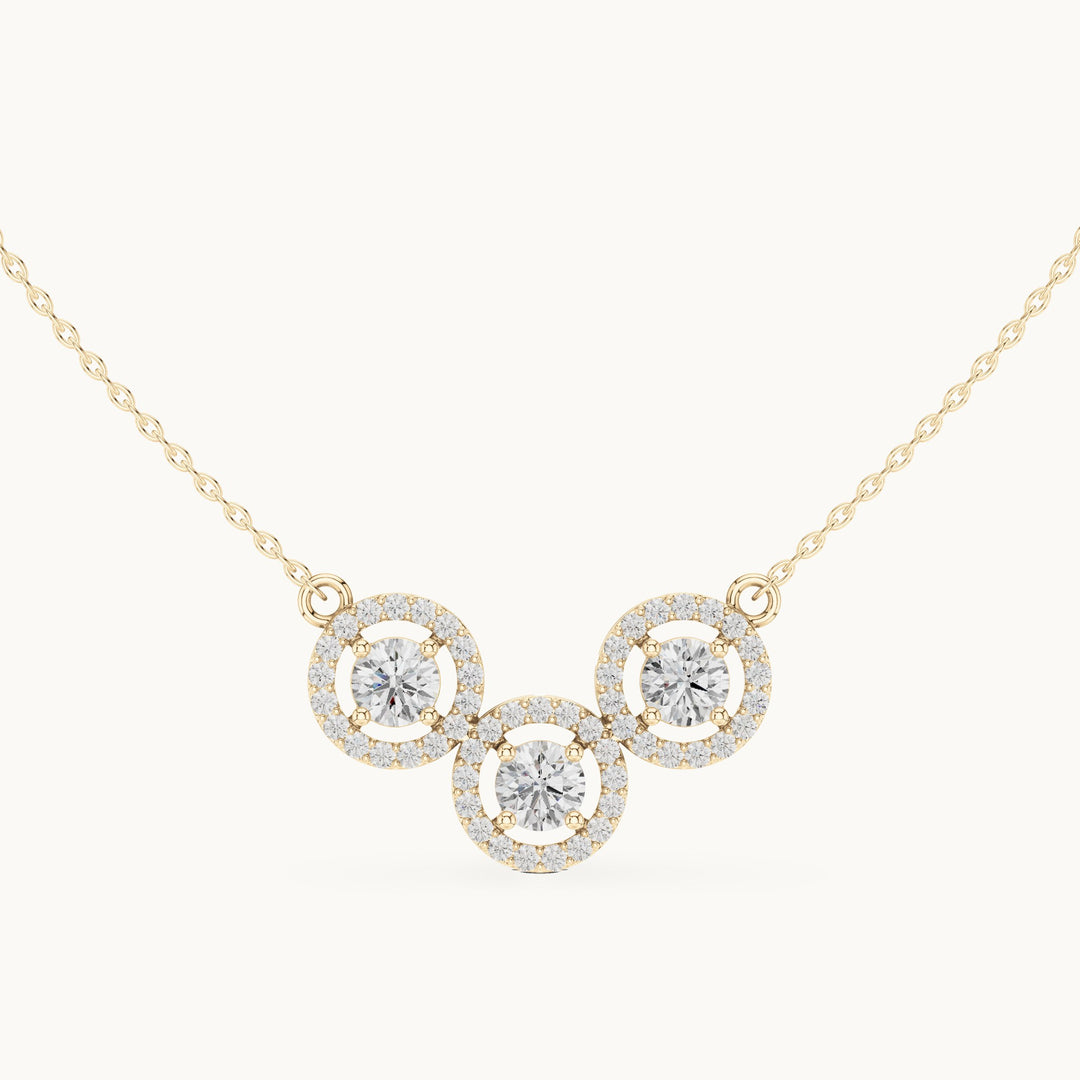 Round lab-grown diamond three-stone halo mangalsutra pendant in yellow gold, 2.26 CT TW, view 4