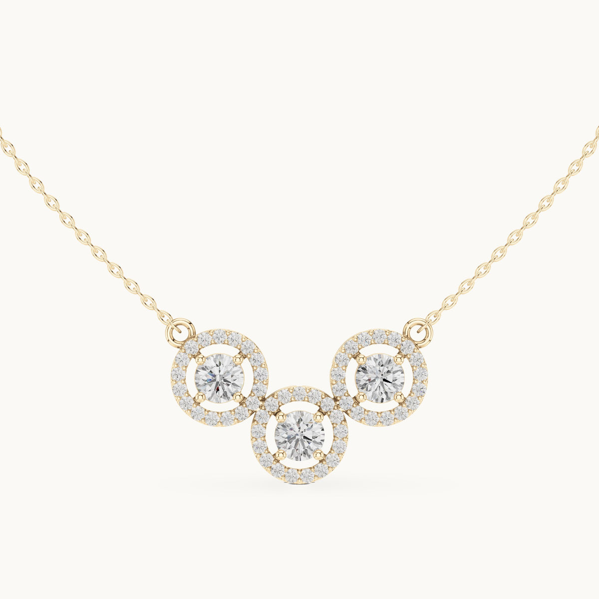 Round lab-grown diamond three-stone halo mangalsutra pendant in yellow gold, 2.26 CT TW, view 4