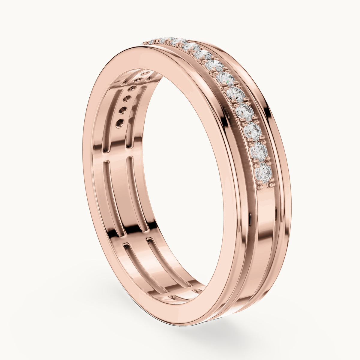 Round lab-grown diamond three-rail pavé half eternity band in rose gold, 0.15 CT TW, view 1