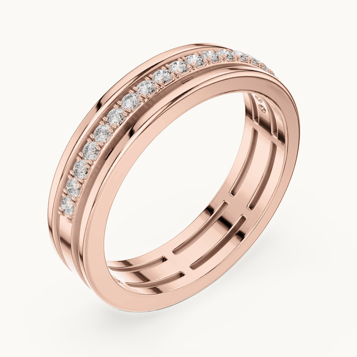 Round lab-grown diamond three-rail pavé half eternity band in rose gold, 0.15 CT TW, view 2