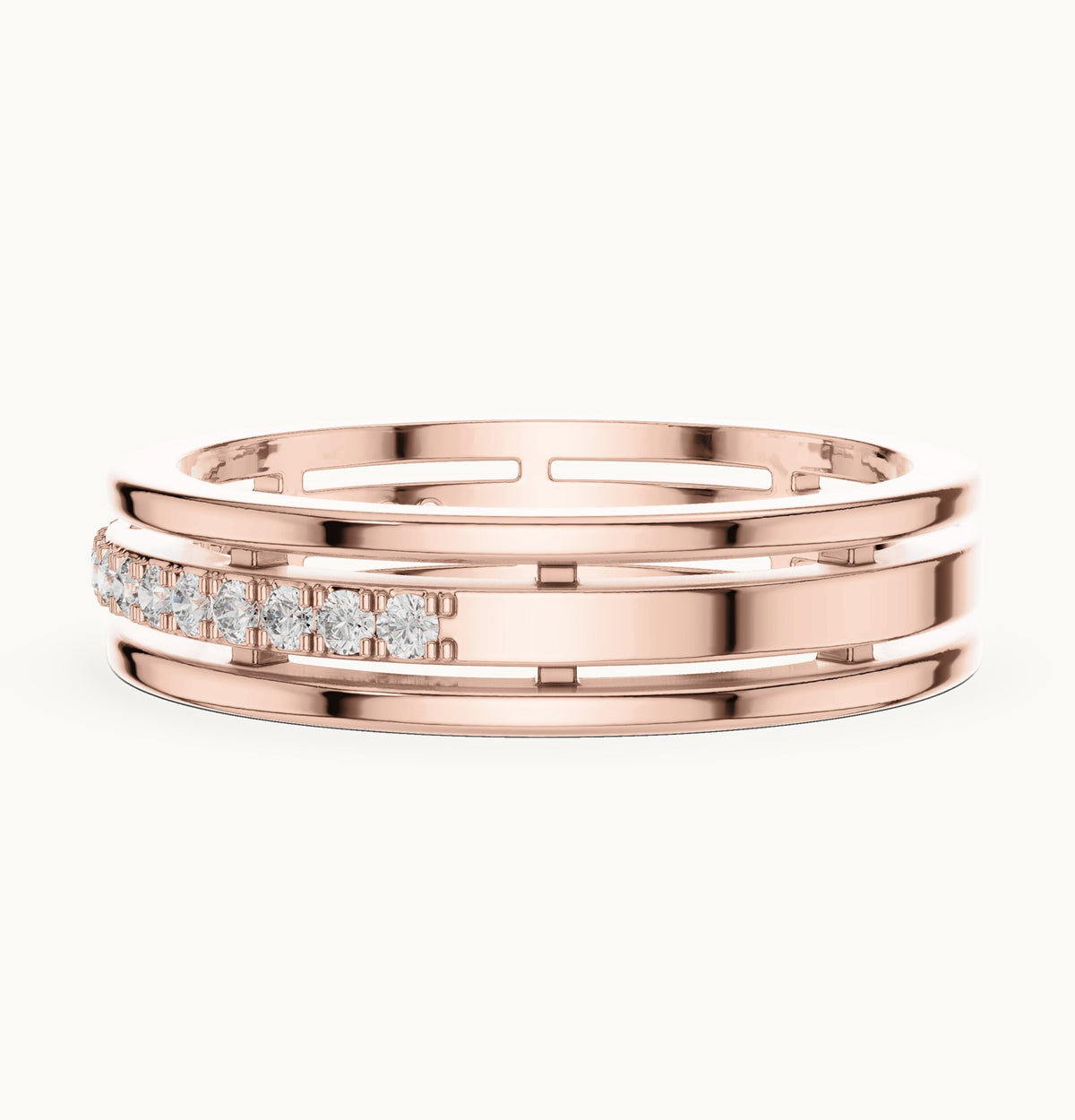 Round lab-grown diamond three-rail pavé half eternity band in rose gold, 0.15 CT TW, view 3