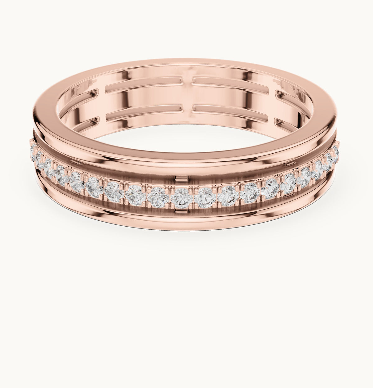 Round lab-grown diamond three-rail pavé half eternity band in rose gold, 0.15 CT TW, view 4