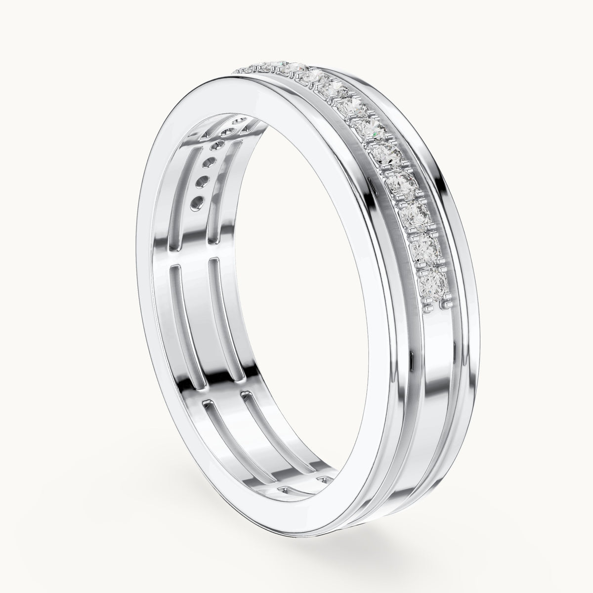 Round lab-grown diamond three-rail pavé half eternity band in white gold, 0.15 CT TW, view 1