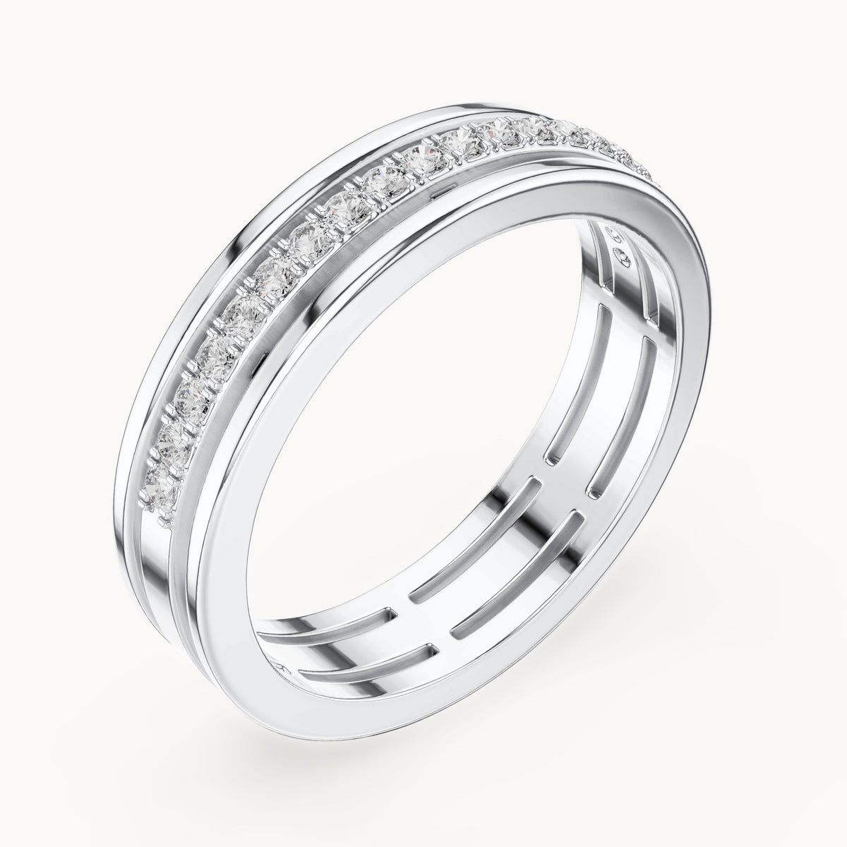 Round lab-grown diamond three-rail pavé half eternity band in white gold, 0.15 CT TW, view 2