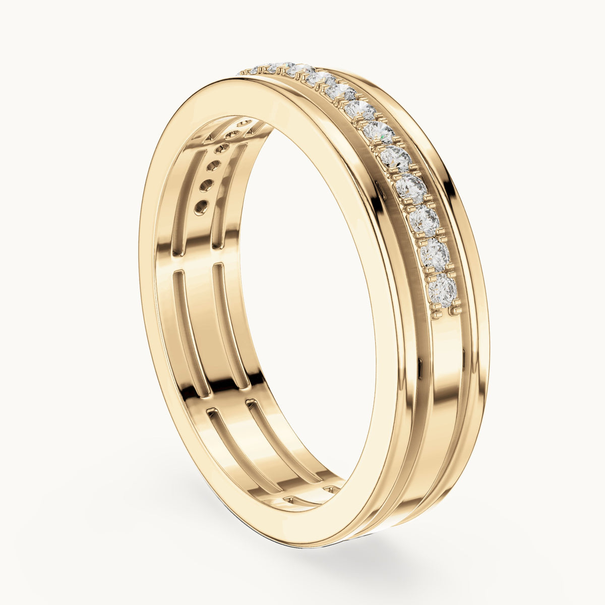 Round lab-grown diamond three-rail pavé half eternity band in yellow gold, 0.15 CT TW, view 1