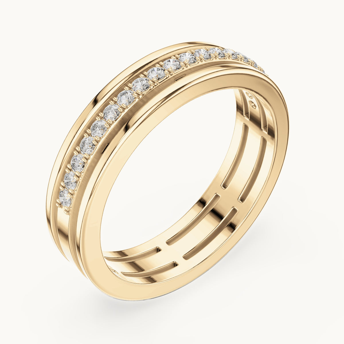 Round lab-grown diamond three-rail pavé half eternity band in yellow gold, 0.15 CT TW, view 2