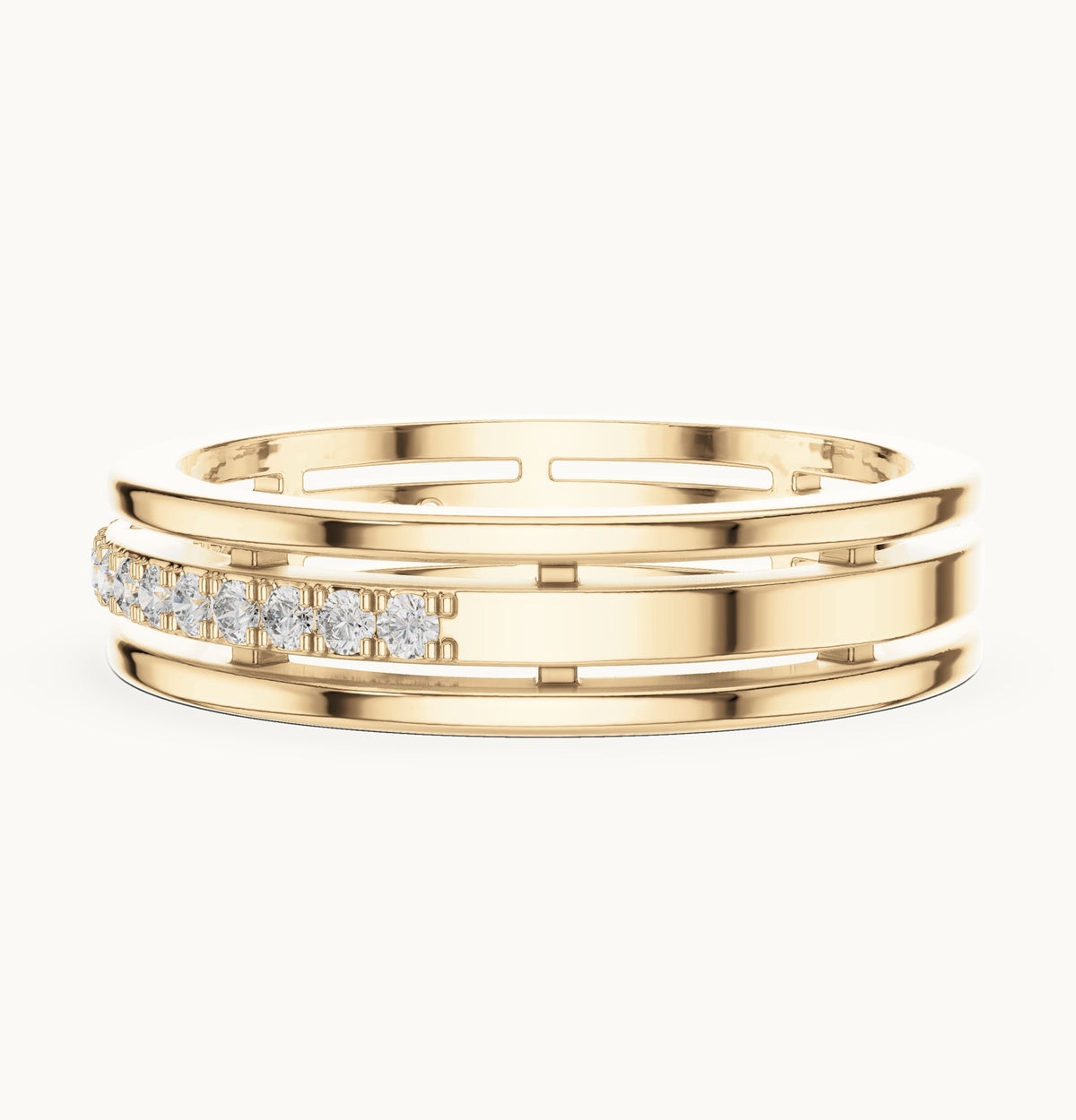 Round lab-grown diamond three-rail pavé half eternity band in yellow gold, 0.15 CT TW, view 3