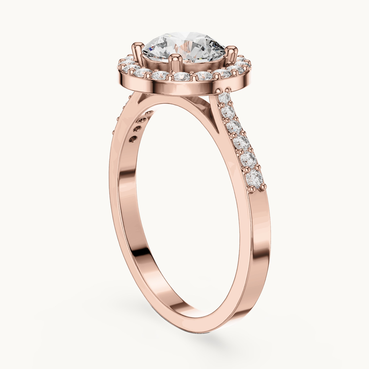 Round lab-grown diamond halo engagement ring in 14K rose gold, 1.35 CT TW, view 1