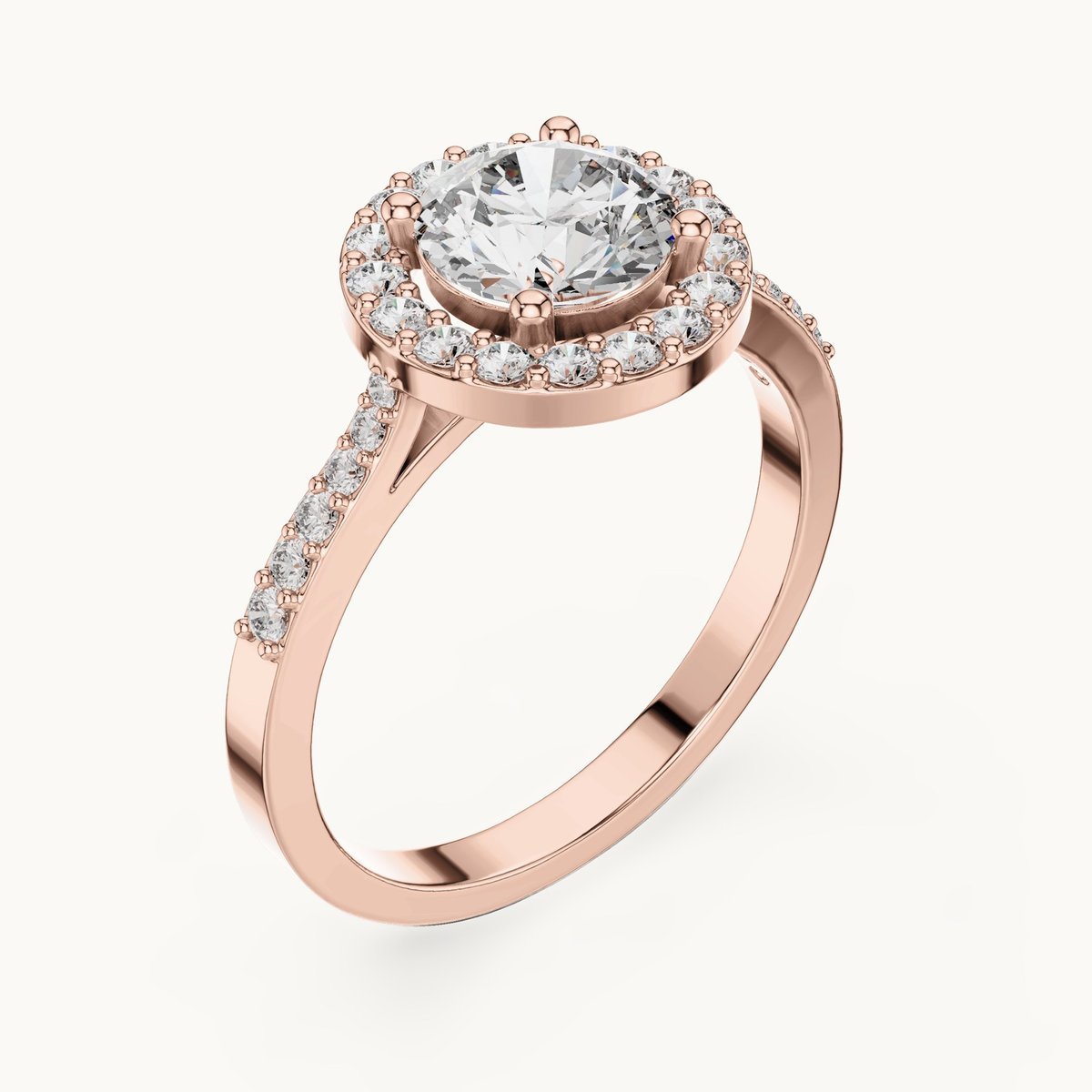 Round lab-grown diamond halo engagement ring in 14K rose gold, 1.35 CT TW, view 2