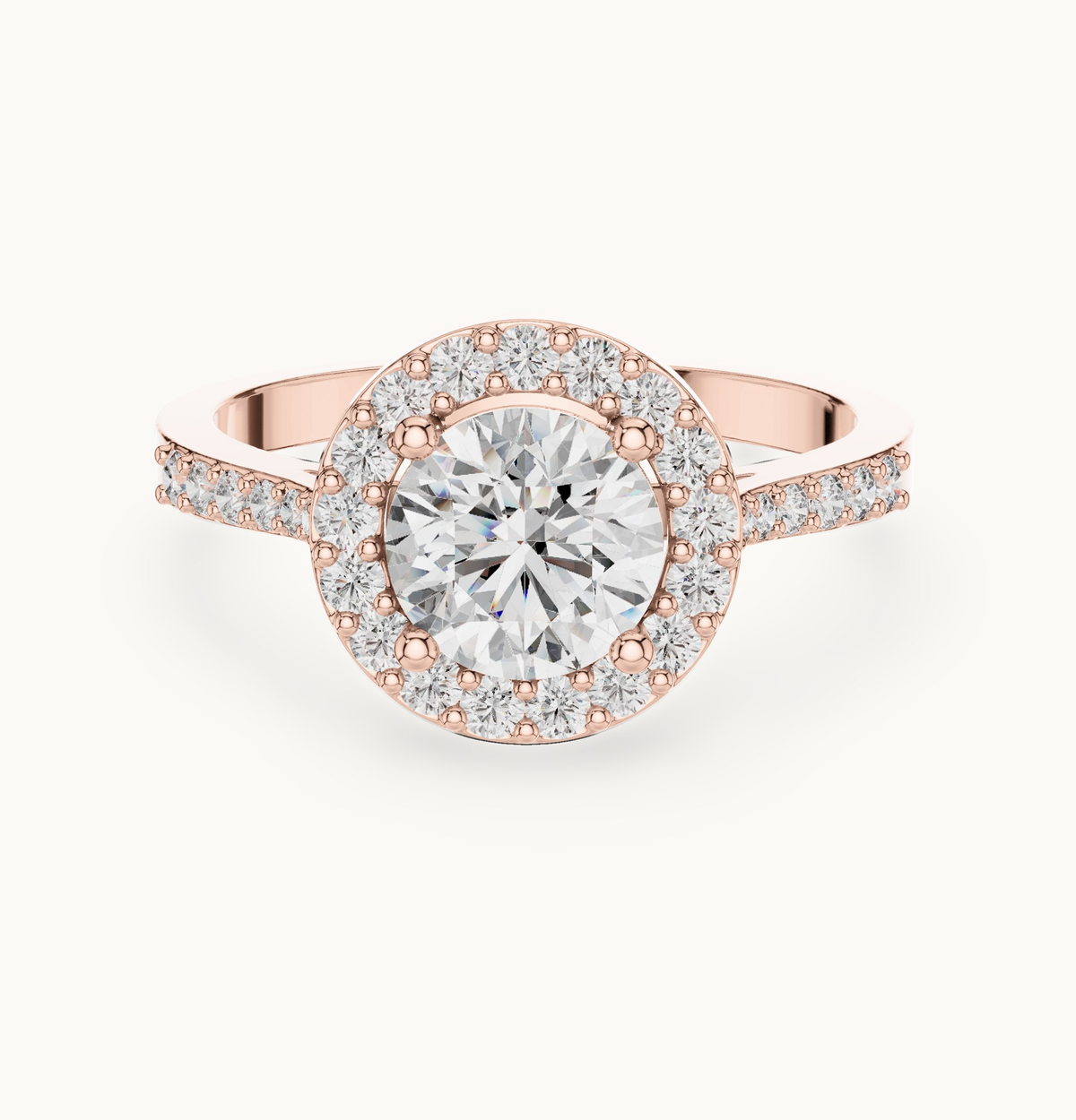 Round lab-grown diamond halo engagement ring in 14K rose gold, 1.35 CT TW, view 4