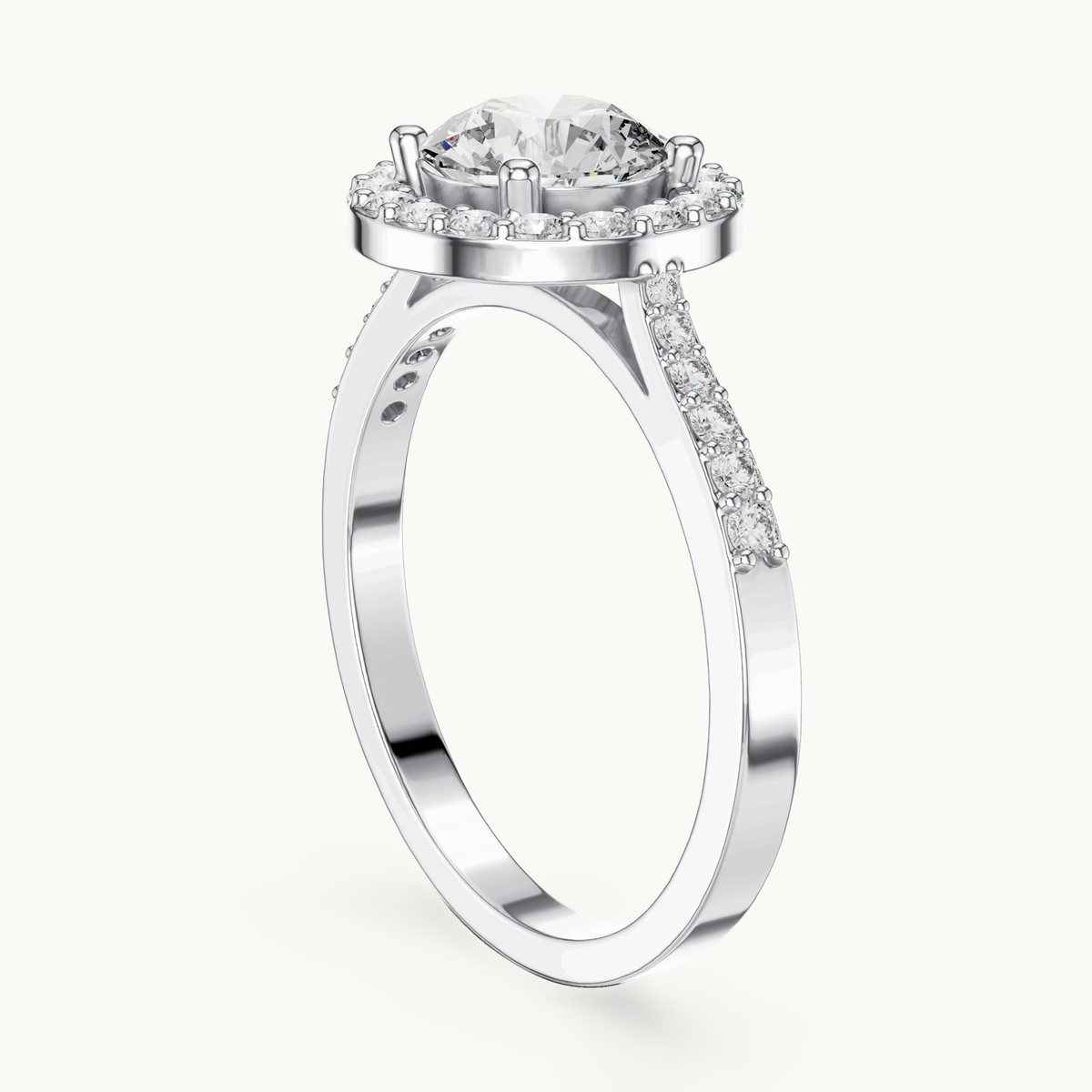 Round lab-grown diamond halo engagement ring in 14K white gold, 1.35 CT TW, view 1