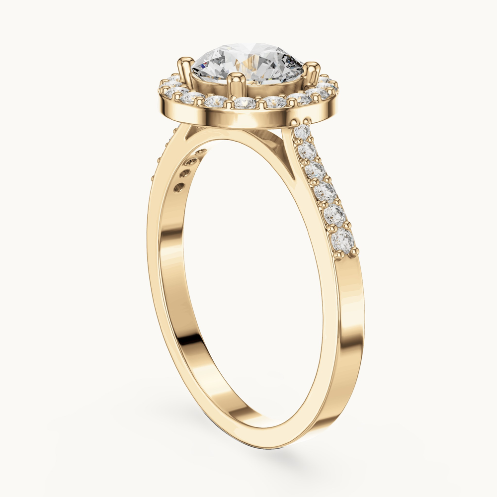 Round lab-grown diamond halo engagement ring in 14K yellow gold, 1.35 CT TW, view 1