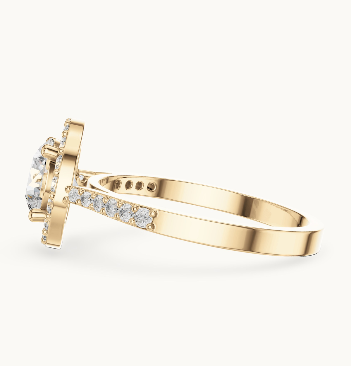 Round lab-grown diamond halo engagement ring in 14K yellow gold, 1.35 CT TW, view 3