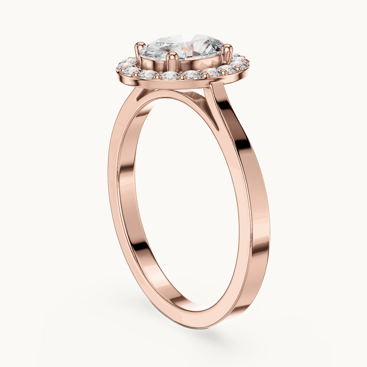 Oval lab-grown diamond halo engagement ring in rose gold, 0.94 CT TW, view 1