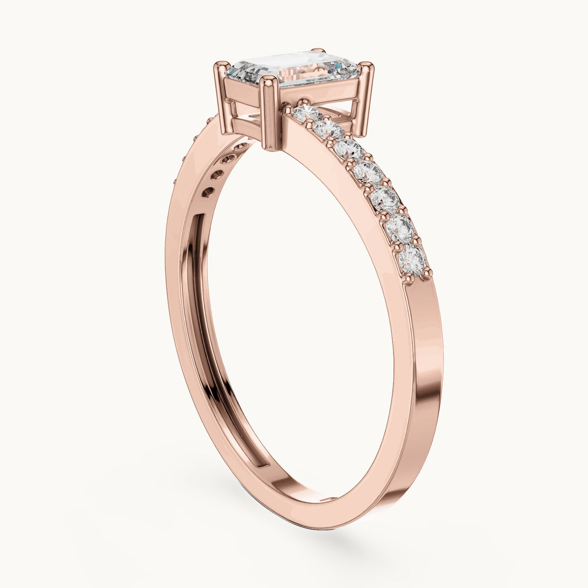 Emerald-cut lab-grown diamond bypass engagement ring with pavé band in rose gold, 0.64 CT TW, view 1