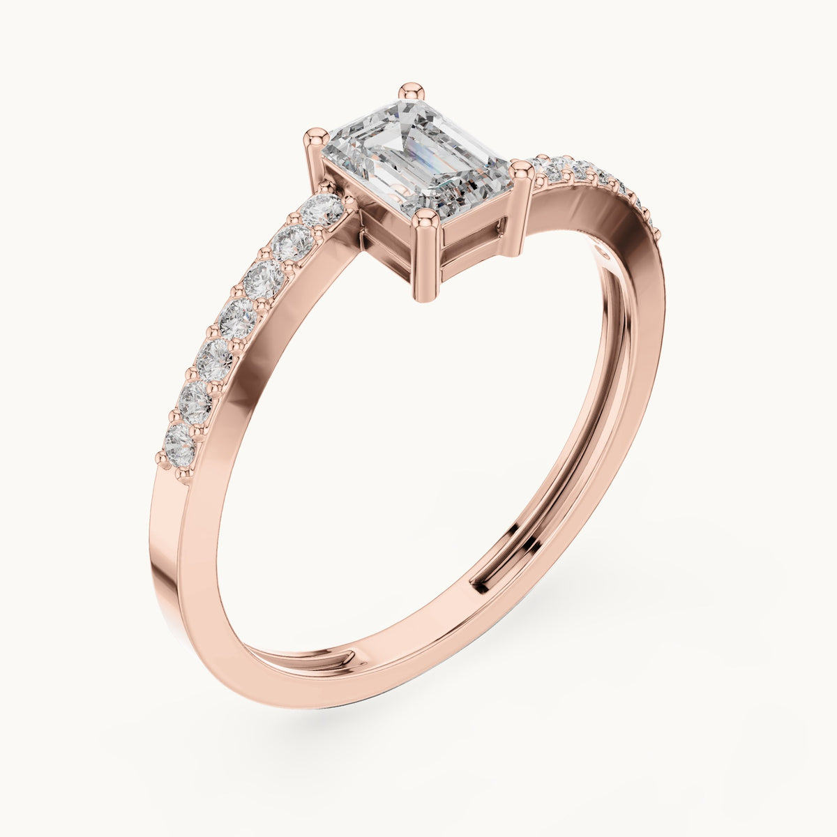 Emerald-cut lab-grown diamond bypass engagement ring with pavé band in rose gold, 0.64 CT TW, view 2