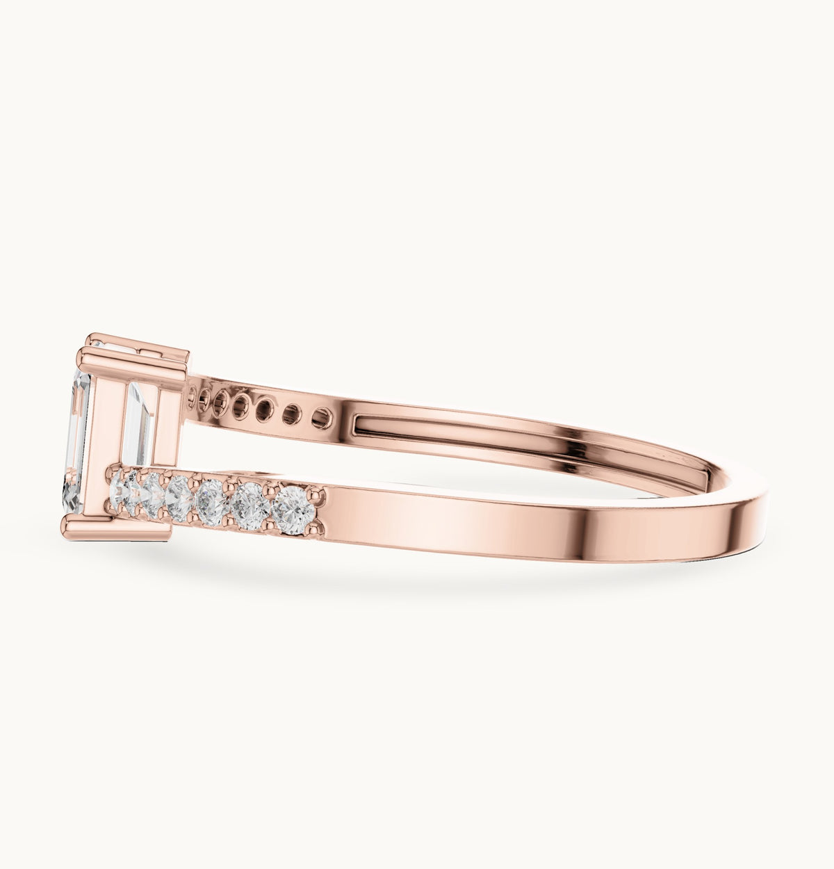 Emerald-cut lab-grown diamond bypass engagement ring with pavé band in rose gold, 0.64 CT TW, view 3
