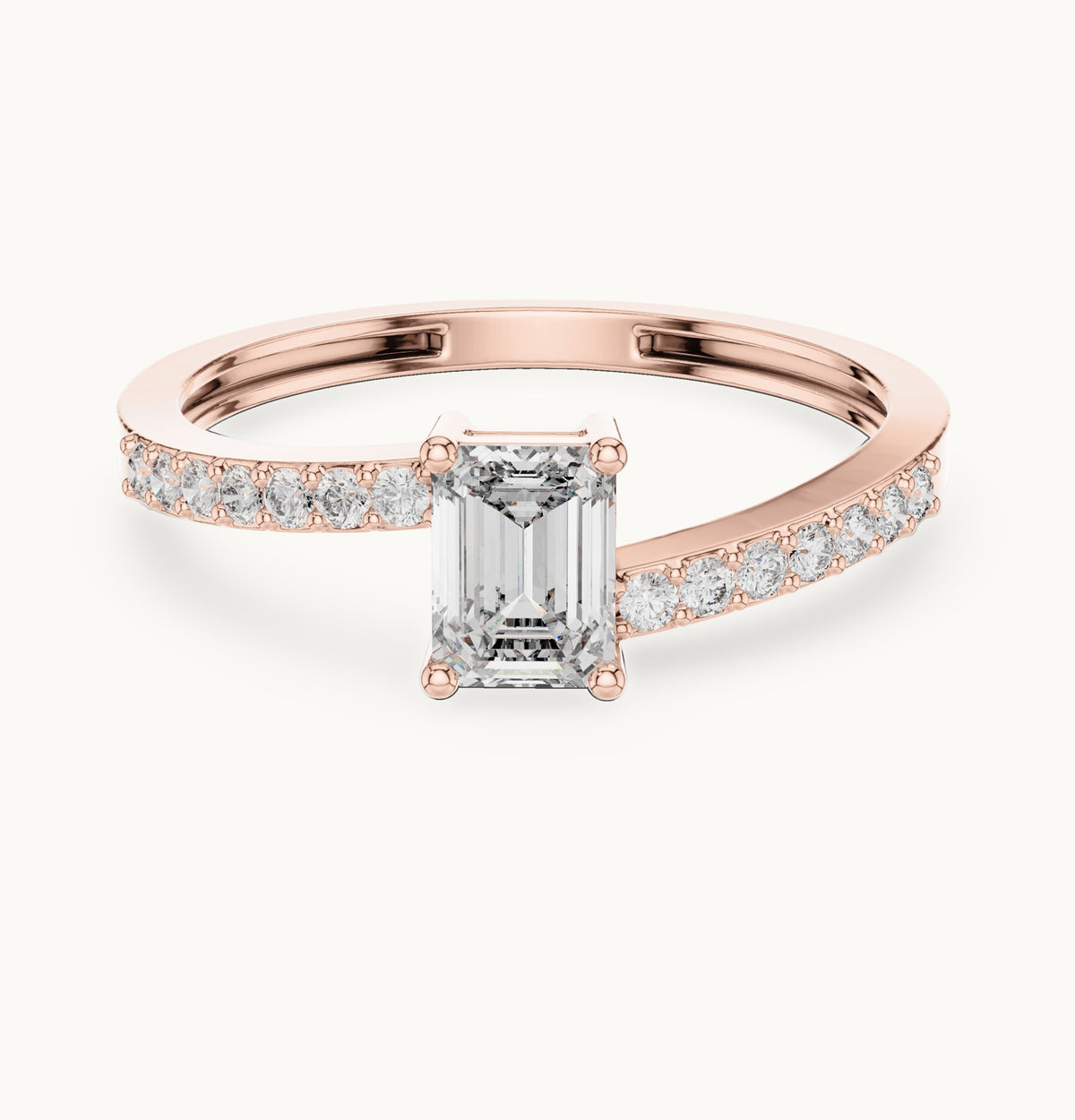 Emerald-cut lab-grown diamond bypass engagement ring with pavé band in rose gold, 0.64 CT TW, view 4