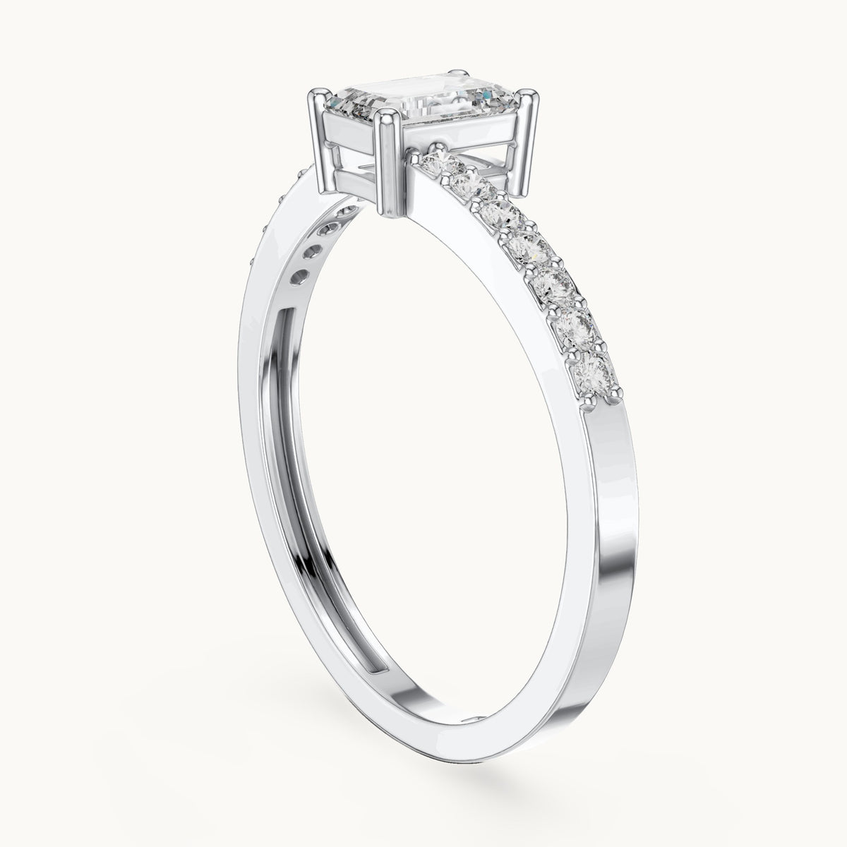 Emerald-cut lab-grown diamond bypass engagement ring with pavé band in white gold, 0.64 CT TW, view 1