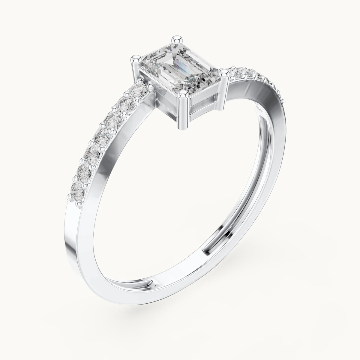 Emerald-cut lab-grown diamond bypass engagement ring with pavé band in white gold, 0.64 CT TW, view 2