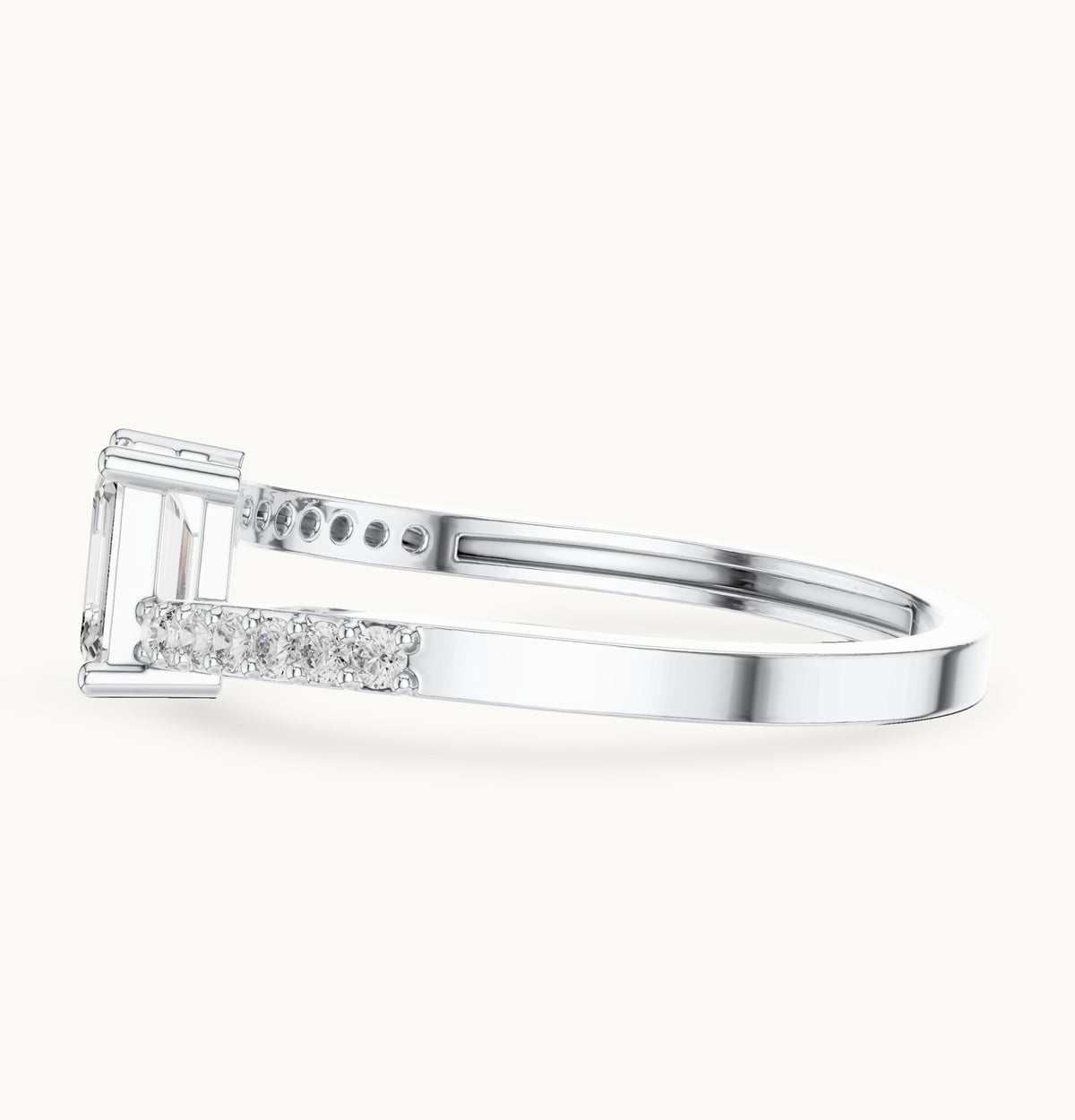 Emerald-cut lab-grown diamond bypass engagement ring with pavé band in white gold, 0.64 CT TW, view 3