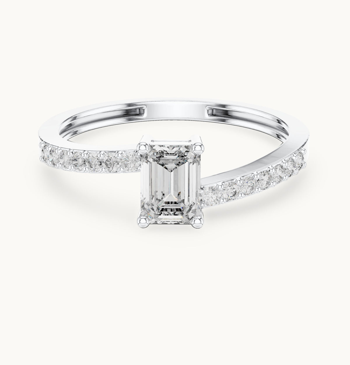 Emerald-cut lab-grown diamond bypass engagement ring with pavé band in white gold, 0.64 CT TW, view 4