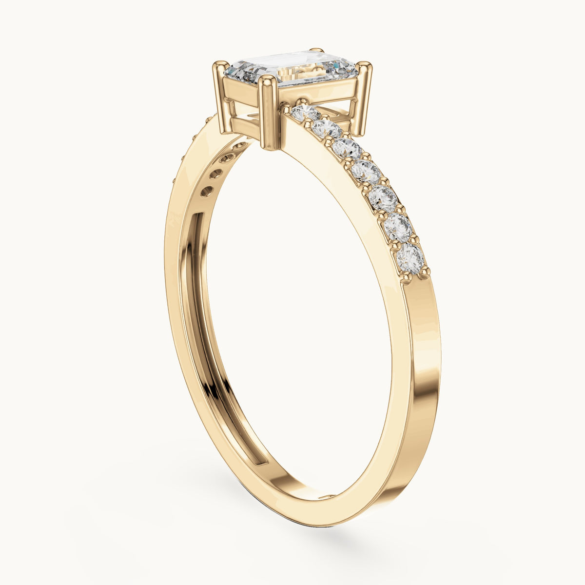 Emerald-cut lab-grown diamond bypass engagement ring with pavé band in yellow gold, 0.64 CT TW, view 1