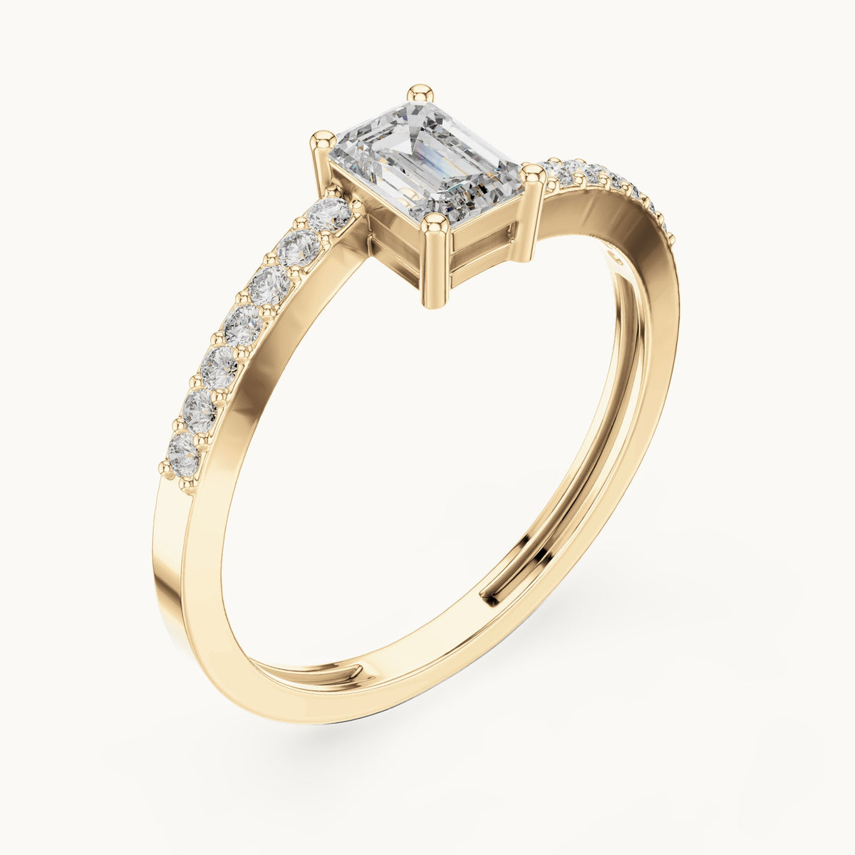 Emerald-cut lab-grown diamond bypass engagement ring with pavé band in yellow gold, 0.64 CT TW, view 2