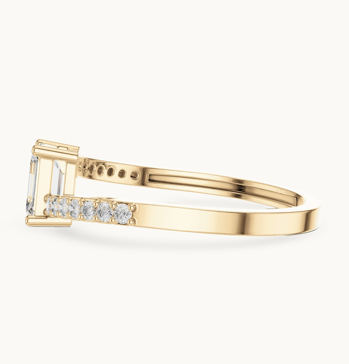 Emerald-cut lab-grown diamond bypass engagement ring with pavé band in yellow gold, 0.64 CT TW, view 3