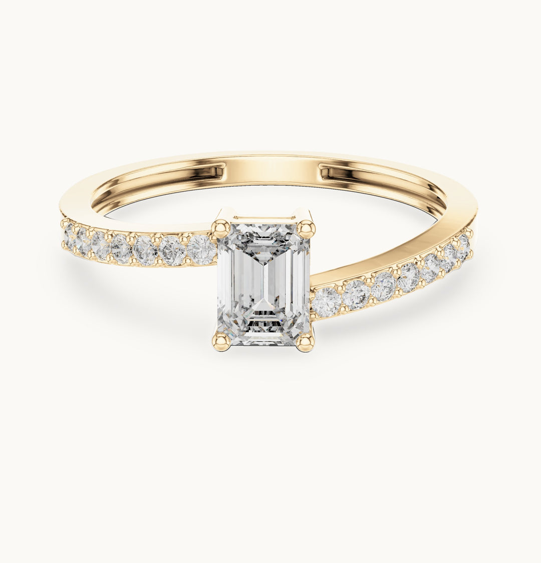 Emerald-cut lab-grown diamond bypass engagement ring with pavé band in yellow gold, 0.64 CT TW, view 4
