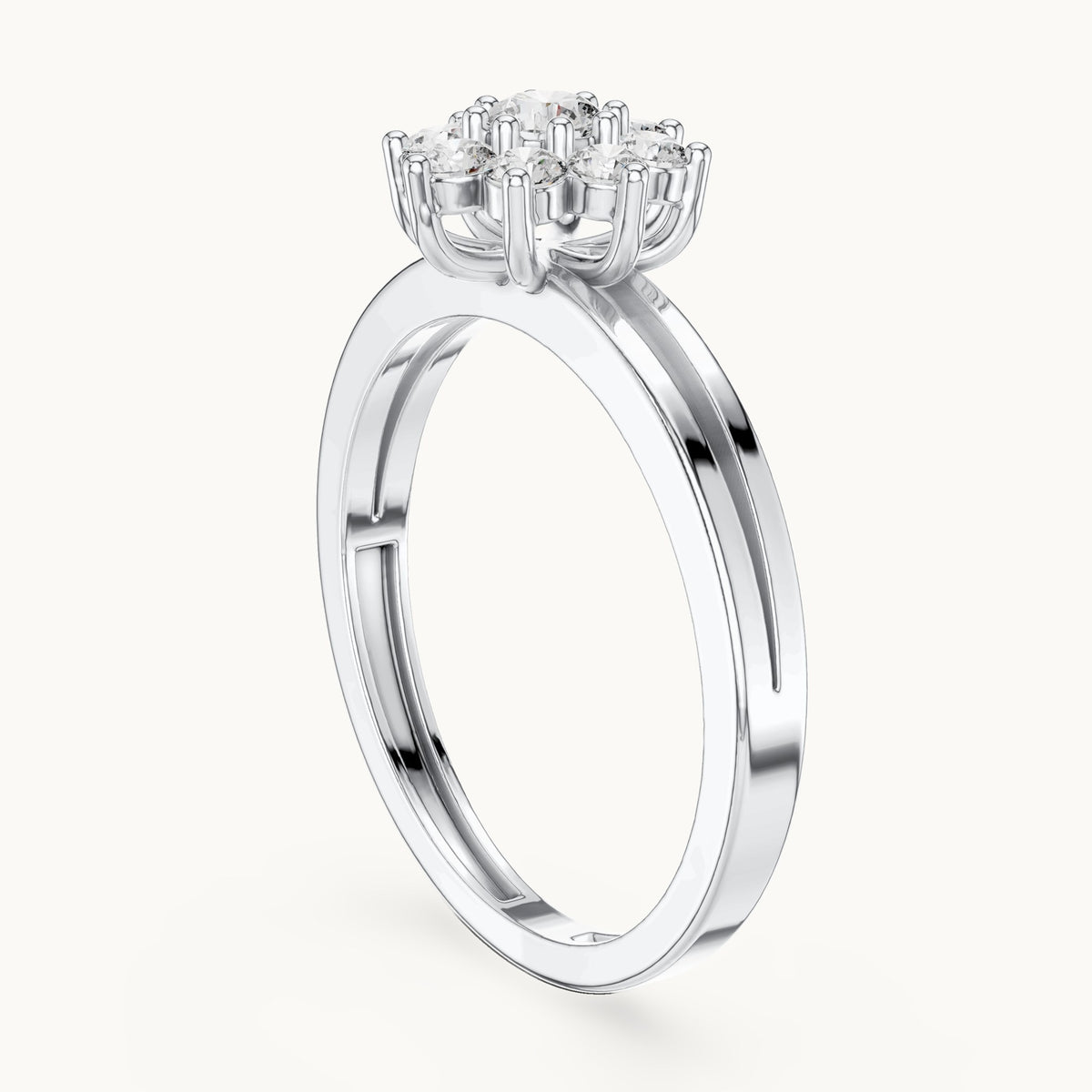 Round lab-grown diamond flower cluster split band ring in white gold, 0.35 CT TW, view 1