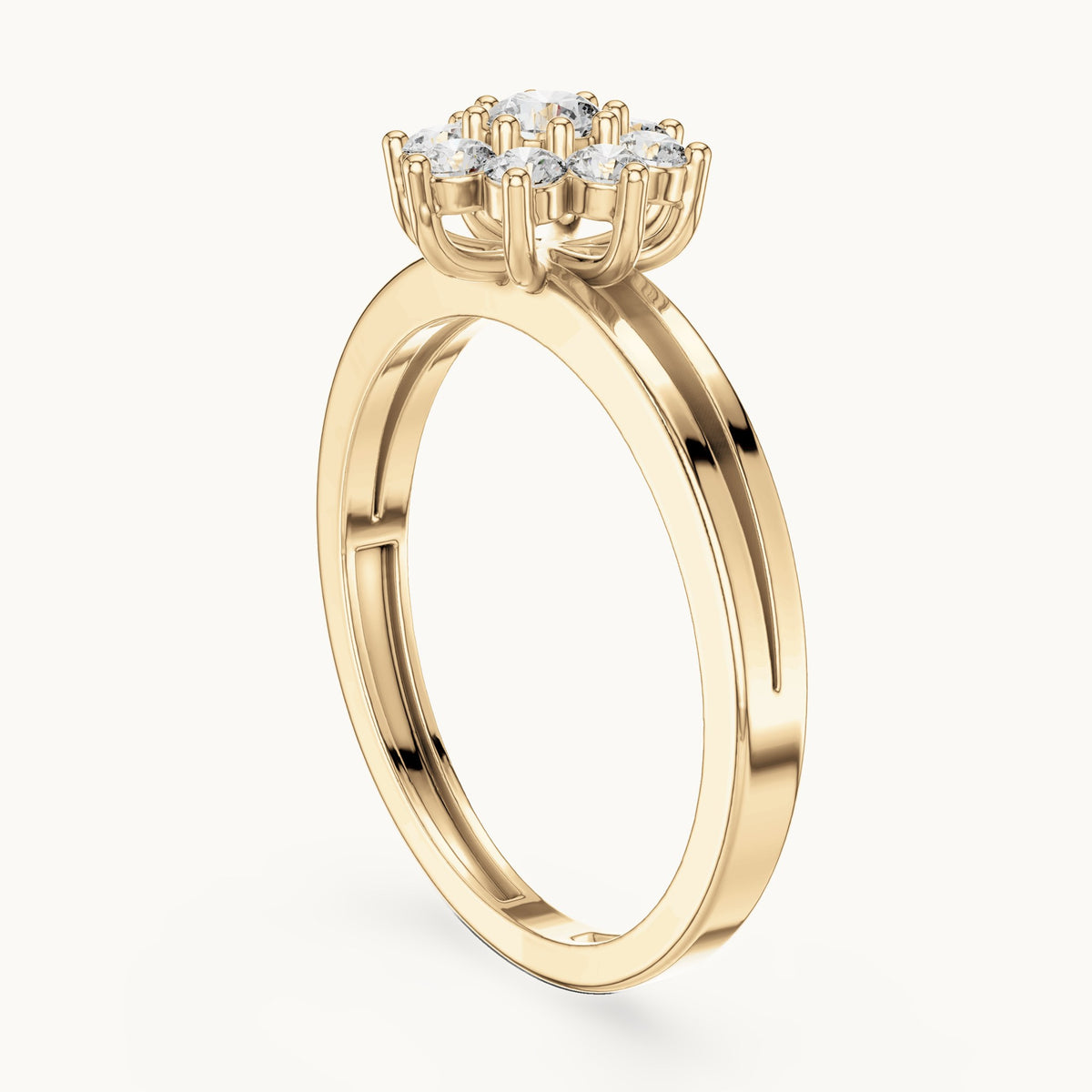 Round lab-grown diamond flower cluster split band ring in yellow gold, 0.35 CT TW, view 1