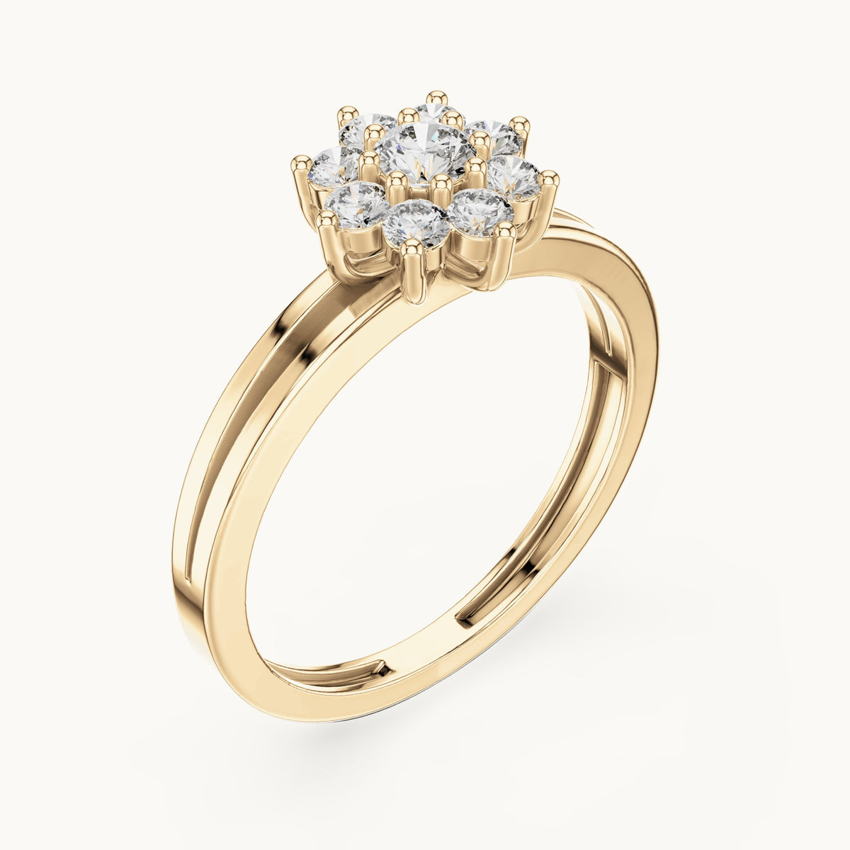 Round lab-grown diamond flower cluster split band ring in yellow gold, 0.35 CT TW, view 2