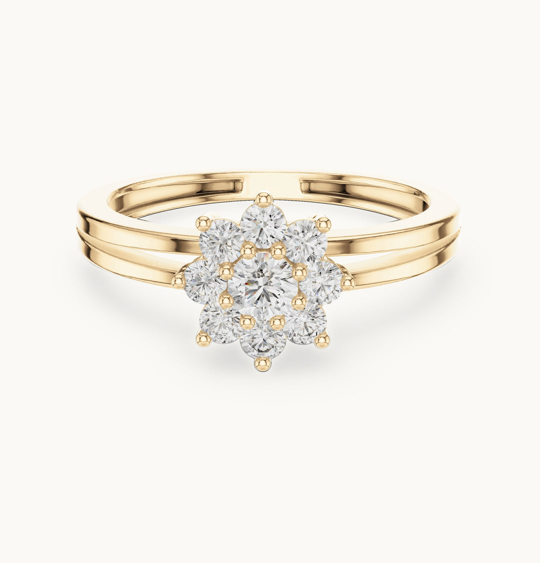 Round lab-grown diamond flower cluster split band ring in yellow gold, 0.35 CT TW, view 4