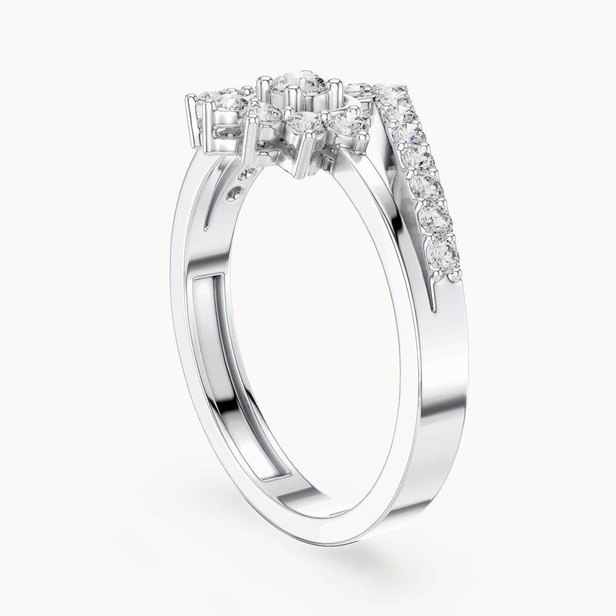 Round lab-grown diamond sunburst cluster chevron double band ring in white gold, 0.37 CT TW, view 1