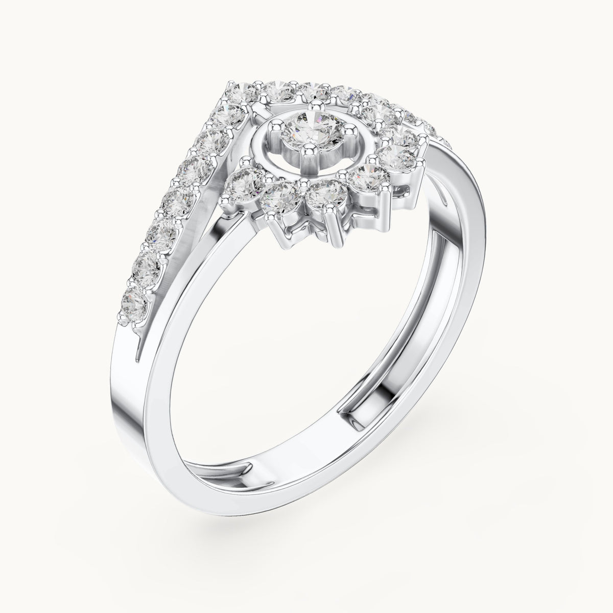 Round lab-grown diamond sunburst cluster chevron double band ring in white gold, 0.37 CT TW, view 2
