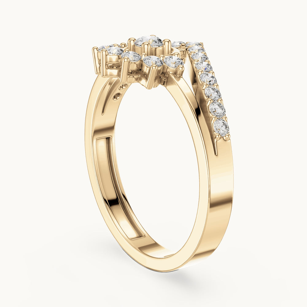 Round lab-grown diamond sunburst cluster chevron double band ring in yellow gold, 0.37 CT TW, view 1