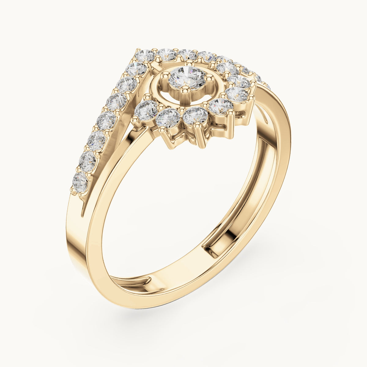 Round lab-grown diamond sunburst cluster chevron double band ring in yellow gold, 0.37 CT TW, view 2