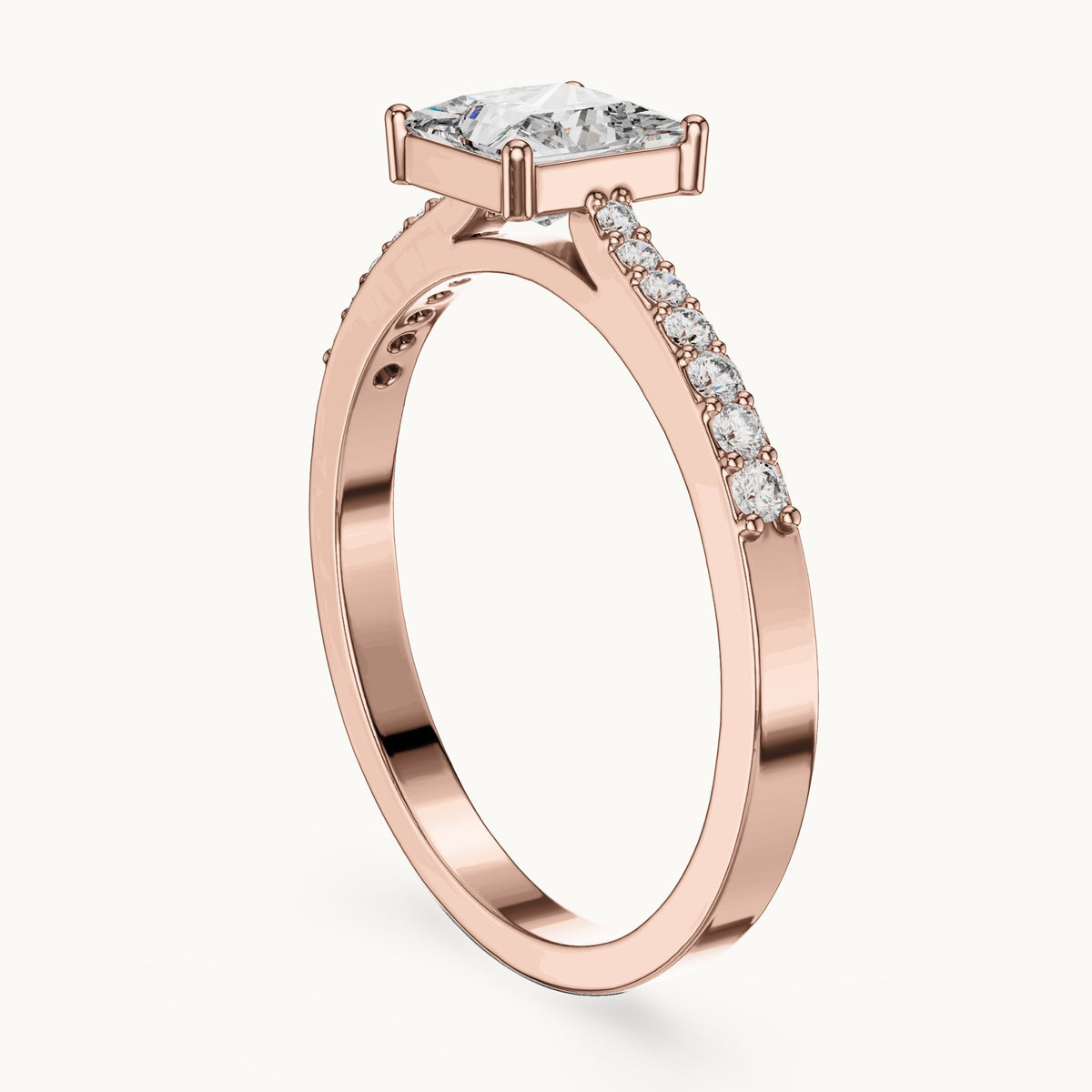 Princess-cut lab-grown diamond pavé engagement ring in rose gold, 0.74 CT TW, view 1