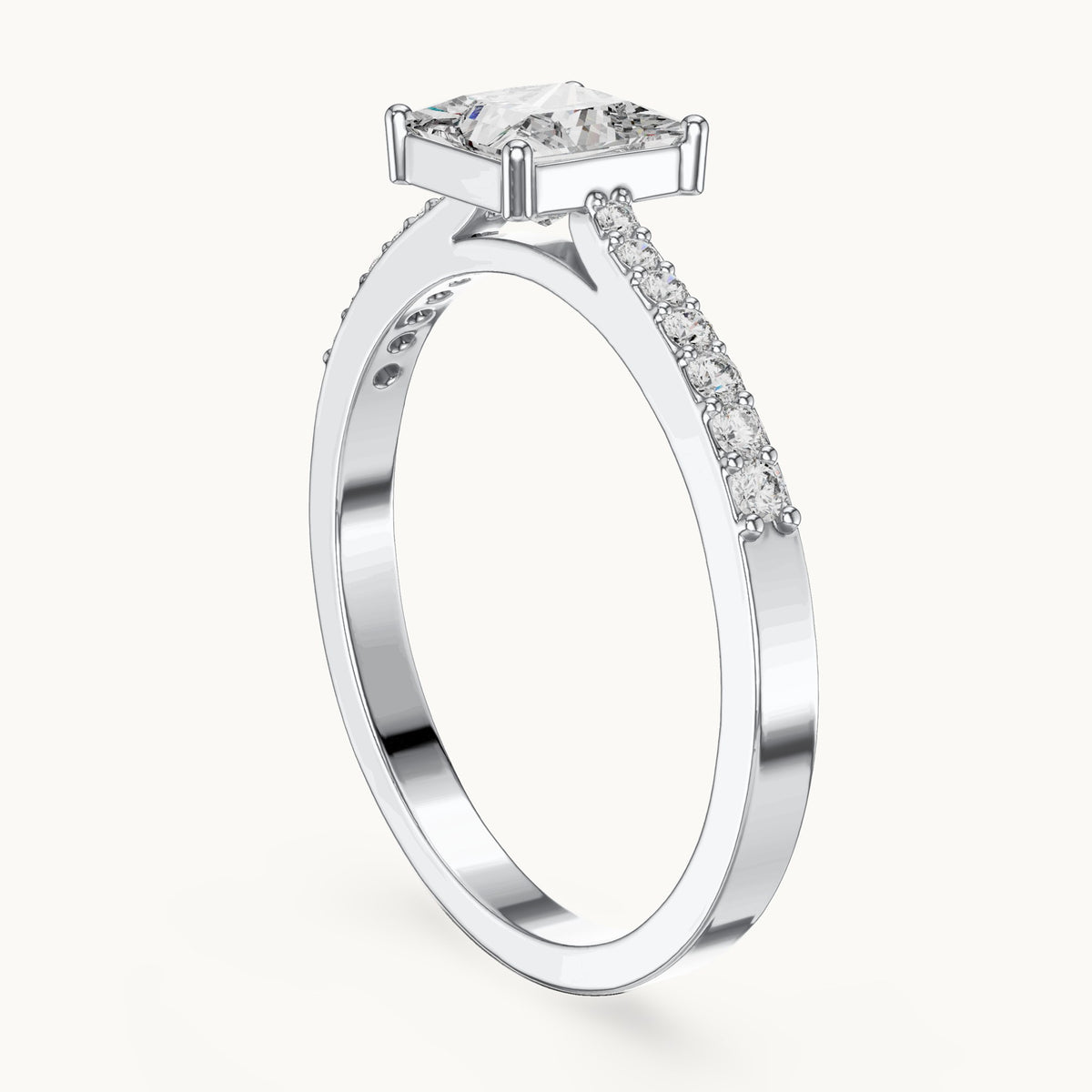 Princess-cut lab-grown diamond pavé engagement ring in white gold, 0.74 CT TW, view 1