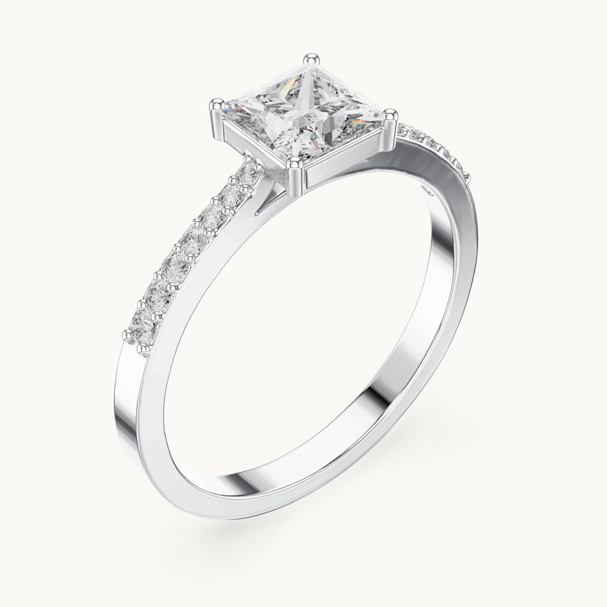 Princess-cut lab-grown diamond pavé engagement ring in white gold, 0.74 CT TW, view 2