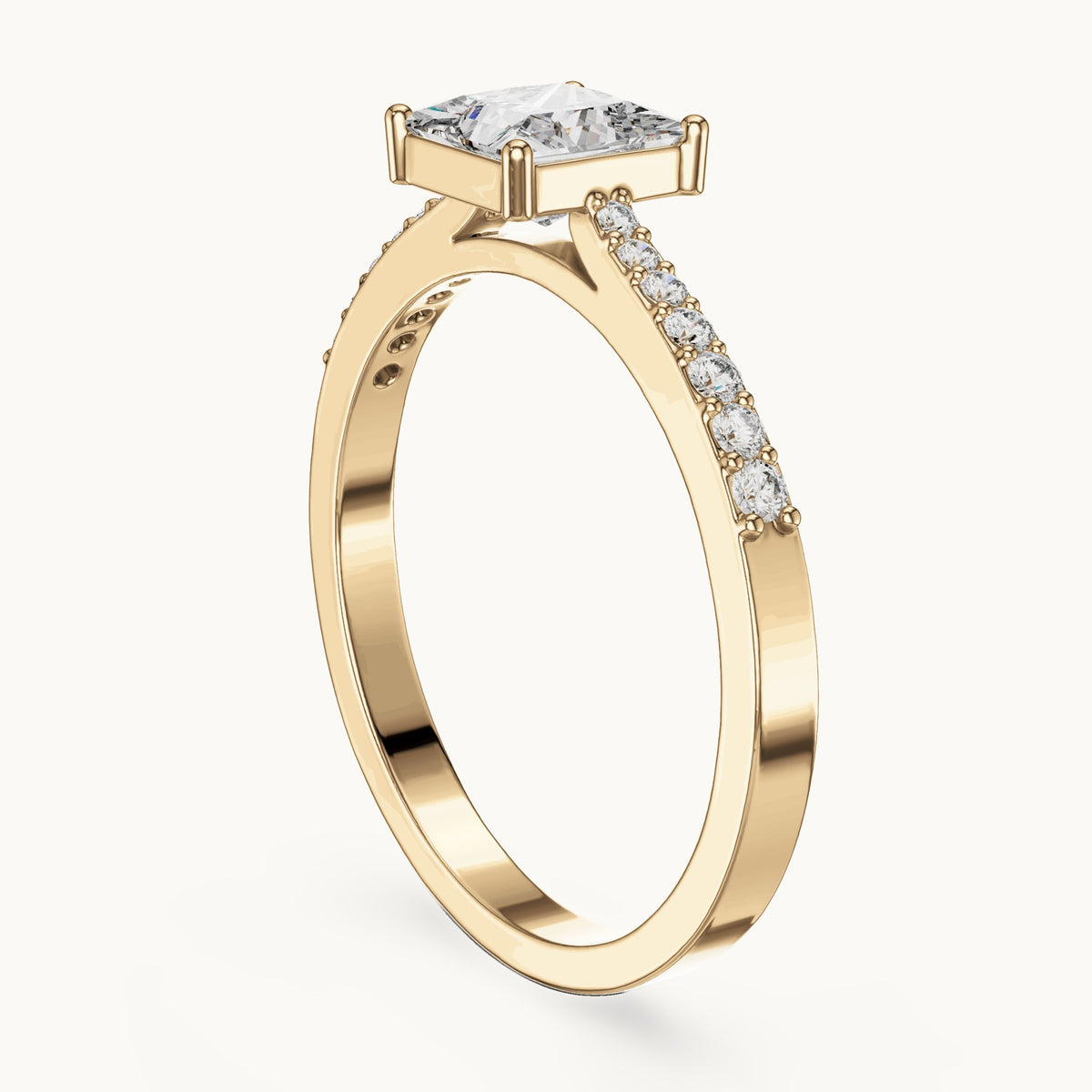 Princess-cut lab-grown diamond pavé engagement ring in yellow gold, 0.74 CT TW, view 1